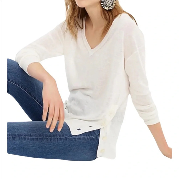 J Crew White Linen Blend V Neck Long Sleeves Side Buttons Sweater size XS - Picture 1 of 8